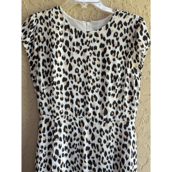 Loft Women Flutter Cap Sleeve Midi Dress White Leopard Print Sz 10 ZipBack Lined - Picture 9 of 11